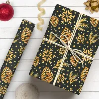 Gold Rustic Pine Cone Green Holiday Christmas Wrapping Paper