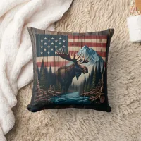 Moose Against American Flag and Mountain Landscape Throw Pillow