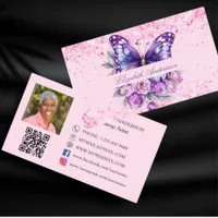 Butterfly pink purple QR code photo social media Business Card