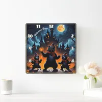 Halloween bears celebrate at a haunted castle square wall clock