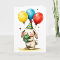 Cute Bunny with Cupcake Kid's Happy Birthday Card