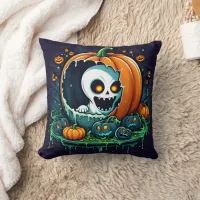 A playful ghost emerges from a Halloween pumpkin Throw Pillow