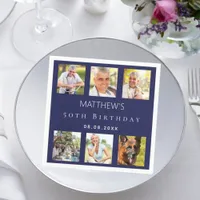 Navy blue photo collage birthday party napkins