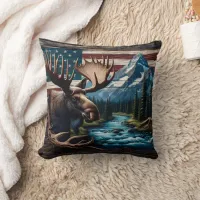 Moose in Front of Mountain and American Flag Throw Pillow