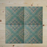 Ancient Distressed Damask Teal And Beige Ceramic Tile