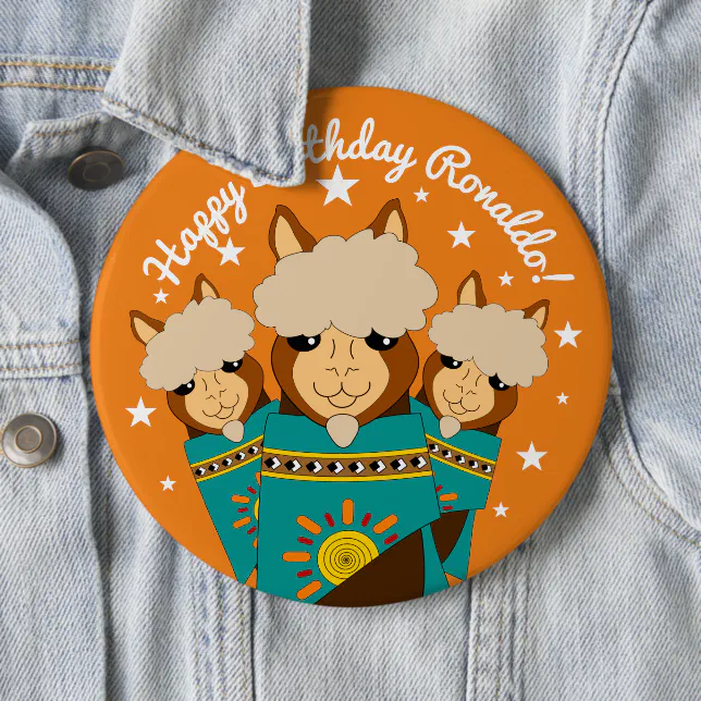 Cute Happy Birthday Boy Alpacas in Teal Serapes Button