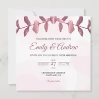Mauve Leaf Watercolor Floral Square Wedding Invitation