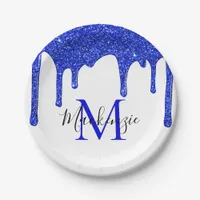 Sparkle Royal Blue Glitter Drips Monogram Paper Plates