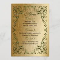 Rustic Regal Ornamental Green And Gold Wedding Menu