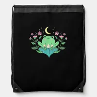 Cottagecore Goblincore Moon Flowers Forest Frog Mu Drawstring Bag