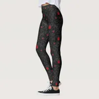 Vintage Red Gothic Rose Damask Pattern Leggings