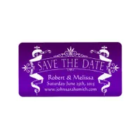 Vintage Scroll Save the Date on Damask Purple Label