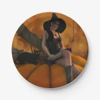 Witch and Cat on Giant Pumpkin  Paper Plates