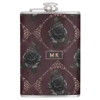 Vintage Gothic Black Roses Monogram Flask