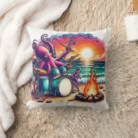 Octopus Playing Drums Near Campfire at Sunset Throw Pillow