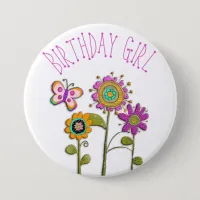 Folksy Whimsical Floral Birthday Girl Button