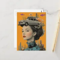 Woman in Desert with fish and car Surreal collage Postcard
