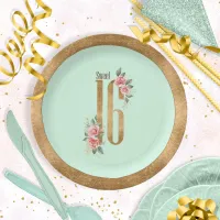 Gold Foil Sweet Sixteen Mint Green ID756 Paper Plates