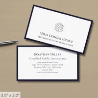 Silver Geometric Logo Navy Blue Border Business Card