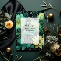 Emerald Green, Gold and Black Floral Wedding Invitation