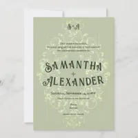 Rustic Crest Sage Green Old Print Gothic Wedding Invitation