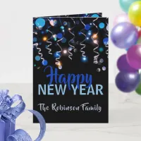 Ribbons Bokeh Lights New Year Party Greeting  Card