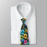 Vibrant Neon Blossoms in Lush Garden Neck Tie