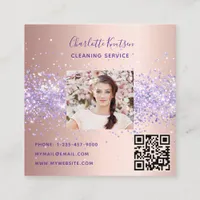 Rose gold purple cleaning service photo qr code square business card