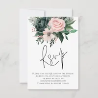 Emerald Blush Florals Script QR Code Wedding RSVP