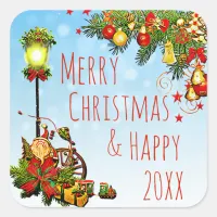 Merry Christmas Street Light and Pine Wreath Square Sticker