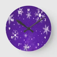 White Snowflakes with Blue-Purple Background Round Clock