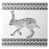 Southwest Jackrabbit Black & White Geometric Print Ceramic Tile