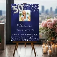 50th birthday navy blue silver stars photo welcome foam board