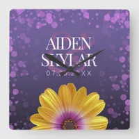 Elegant Golden Daisy with Purple Glitter Wedding Square Wall Clock