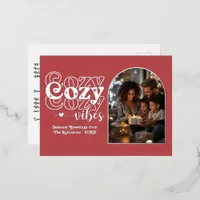 Cranberry Red & Silver Cozy Vibes Retro Christmas Foil Holiday Postcard
