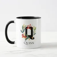 Initial Q Monogram Christmas Berry Wreath Mug