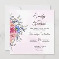 Rose Blue Wildflower Watercolor Square Wedding Invitation