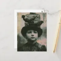 Surreal Black and White Caged Bird and Child Retro Postcard