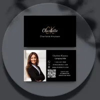 Black gold monogram photo Qr code Business Card