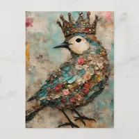 Bird in a Crown Mixed Media Collage Postcard