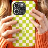 Lime Green Retro Checkered Pattern Monogram iPhone 15 Case