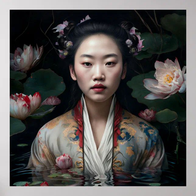 Chinese Lady In Water Lotus Flowers Oil Painting Poster