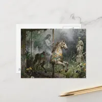 Ghost Woman on Abandoned Carousel in Garden Postcard