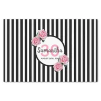 30th birthday pink roses black white stripes name tissue paper