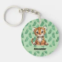 Cute Cartoon Tiger on Tropical Leaves Keychain