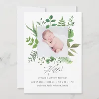 Watercolor Greenery Birth Announcement Photo Card