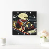 Classic hot rod speeding through a moonlit night square wall clock