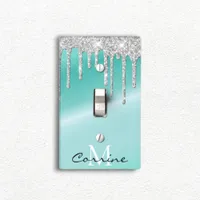 Monogram Metallic Aqua Blue + Silver Glitter Drips Light Switch Cover