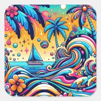 Fun Whimsical Psychedelic Sailboat  Square Sticker