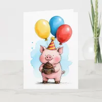Cute Pink Pig with Cupcake Kid's Happy Birthday Card